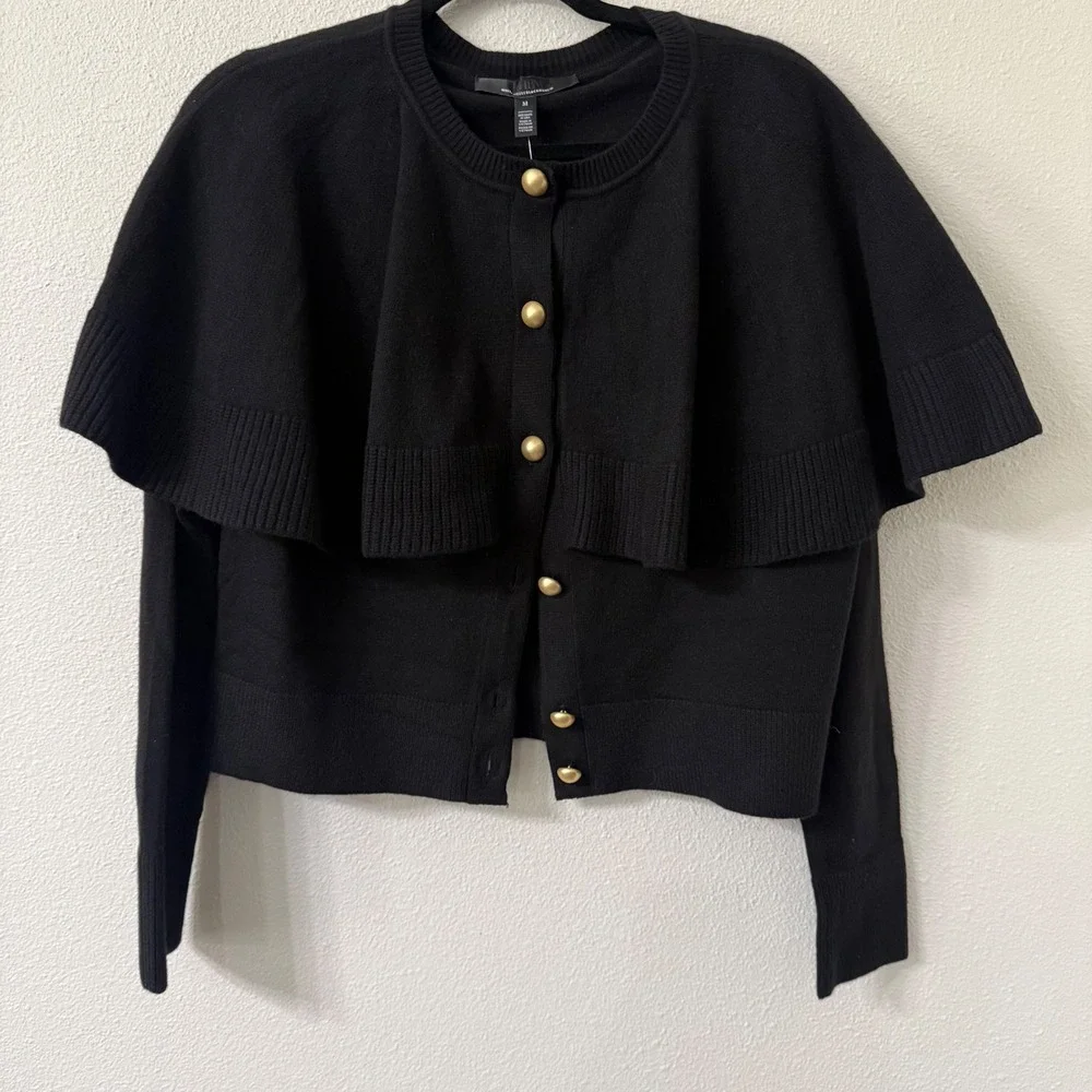 White House Black Market Black Cape Button Front Preppy Cardigan Gold Button MD - Picture 1 of 13
